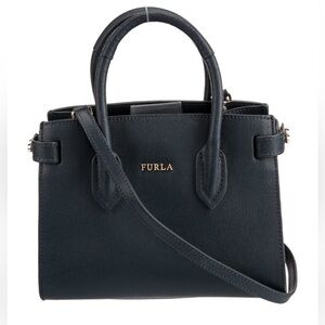 Furla Navy Structured Leather Satchel with Gold Logo